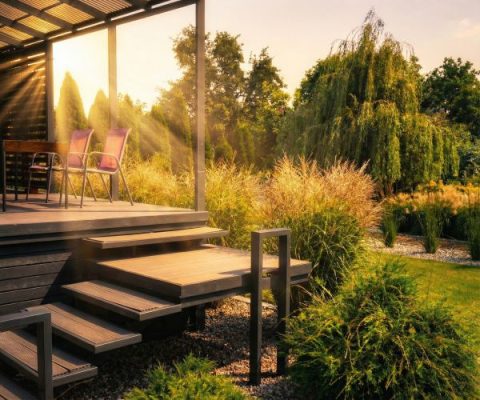 Taras z drewnianymi schodami i pergolą otoczony trawami ozdobnymi – nowoczesny ogród przy domu, projekt i aranżacja ogrodu Podkarpacie.