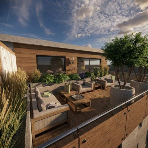 Taras w nowoczesnym stylu Rzeszów – zielony taras z drewnianą nawierzchnią, zabudową roślinną i widokiem na okolicę.