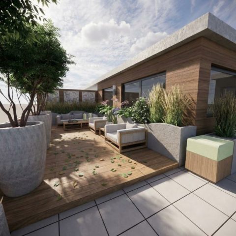 Projektowanie balkonów i tarasów Rzeszów – przestronny taras z dużymi donicami, drzewami ozdobnymi i strefą relaksu.