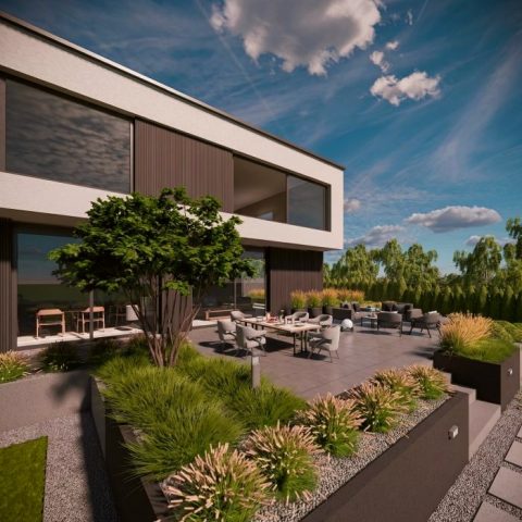 Projekt ogrodu z tarasem i strefą wypoczynku, trawnik rekreacyjny, oświetlenie ogrodowe i nowoczesne nasadzenia – Ogrody Bernard Jakubik, Rzeszów i okolice.