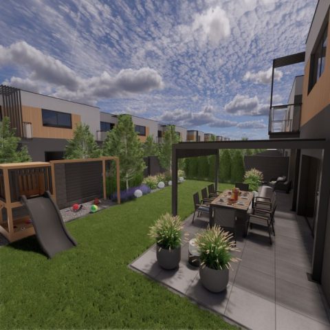 Aranżacja ogrodu przy szeregówce Rzeszów – ogród z pergolą, strefą jadalnianą na tarasie i nasadzeniami traw ozdobnych.