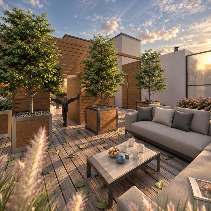 Projekt zielonego tarasu w Rzeszowie – wygodna sofa ogrodowa, stolik kawowy, ozdobne drzewa w donicach i drewniane przesłony.